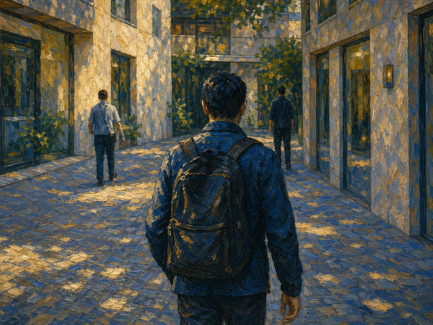 Uma figura caminhando em uma alameda residencial ensolarada